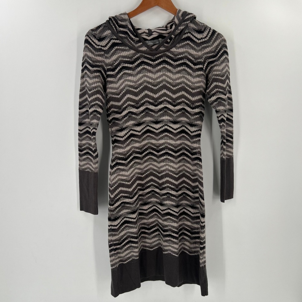 prAna Meryl Chevron Knit Hooded Dress XS Gray‎ Black Long Sleeve Casual Cozy